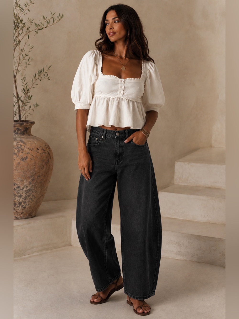 Free People White Puff Sleeve Square Neck Peplum Blouse